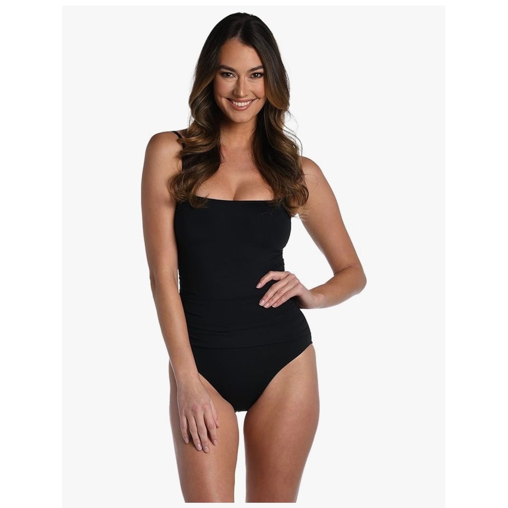La Blanca Island Goddess Black Ruched Bandeau One Piece Swimsuit Size 12